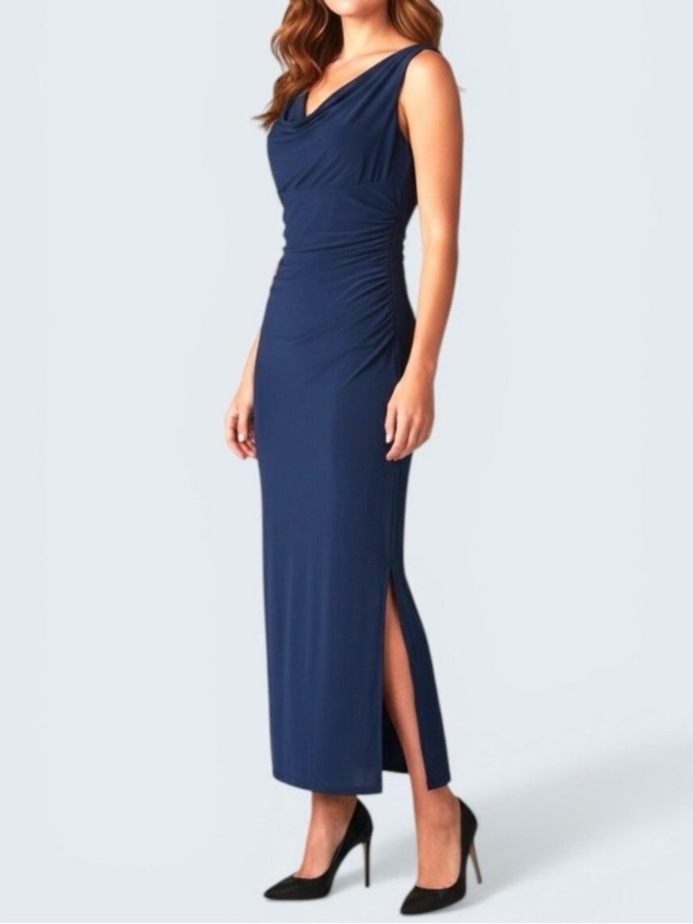 Lauren Ralph Lauren Evening Dress Size 10 Maxi Ruched Sleeveless Stretch Bodycon